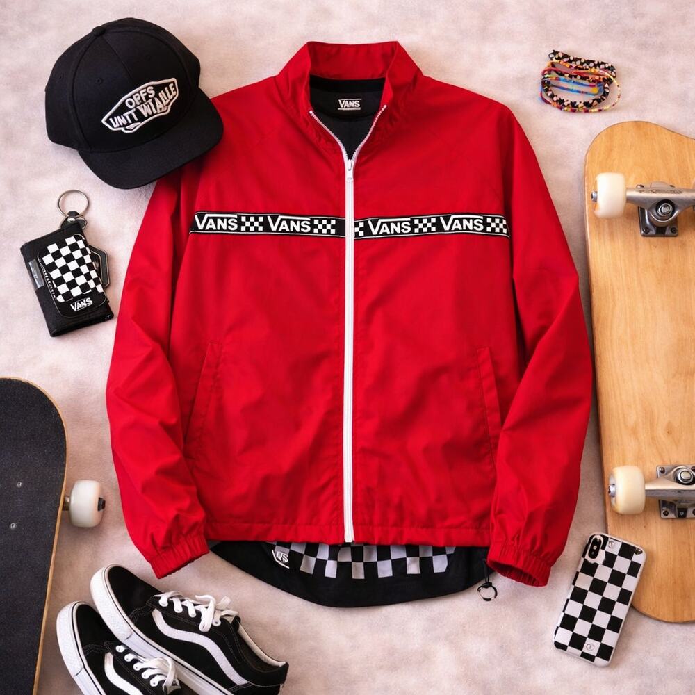 Vans Womens Large Red Windbreaker Jacket Checkerboard Stripe Mesh Lined